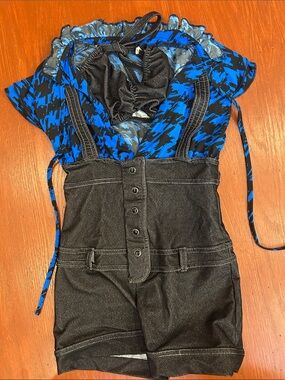 Girls Blue & Black Denim-Style One-Piece Romper